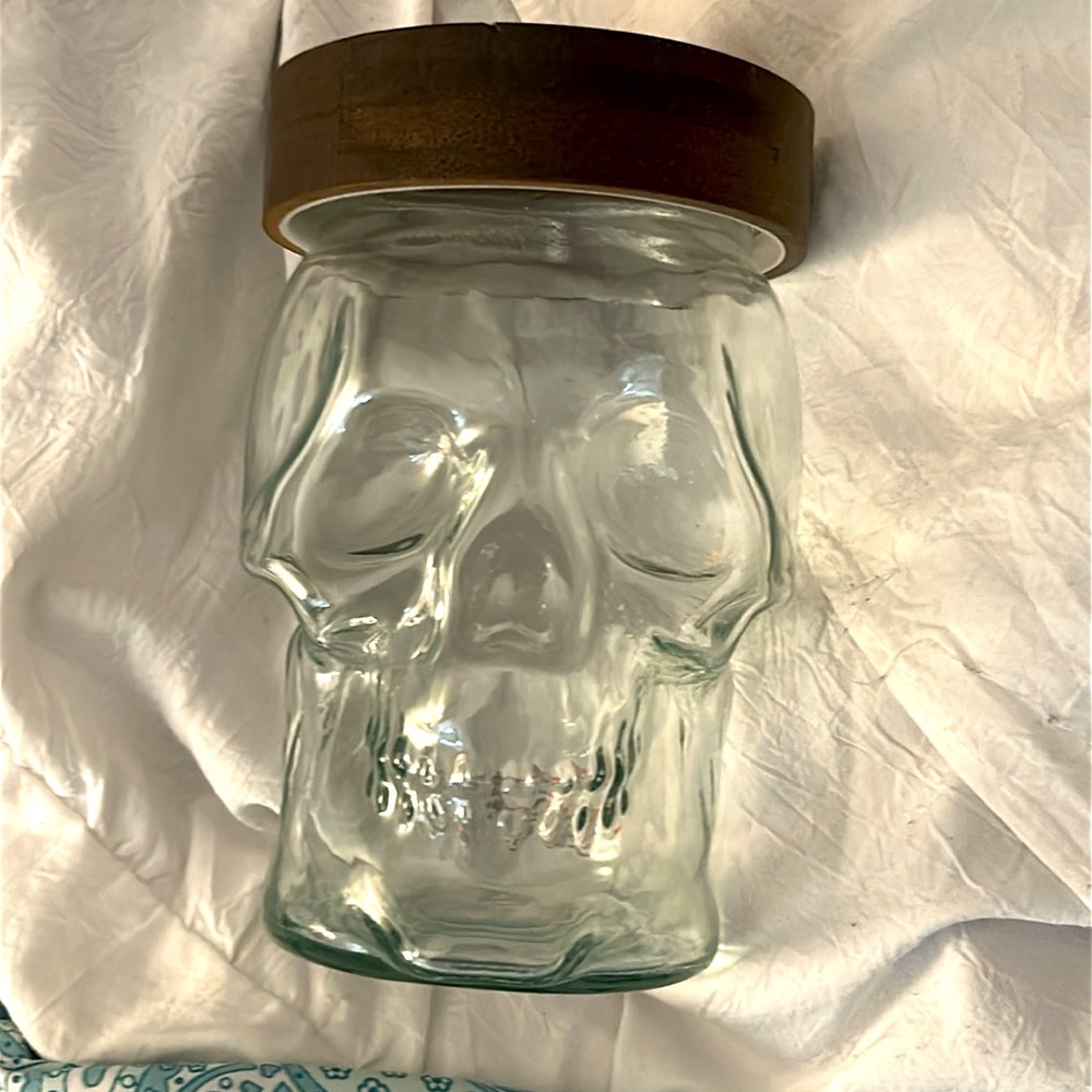 Amici Home Clear Skull Glass Mason Jar with Brown Wood Lid